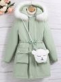 Tween Girl 1pc Fuzzy Trim Hooded Thermal Lined Parka Coat With Bag