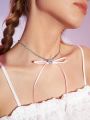 SHEIN MOD 1pc Heart & Rhinestone Decor Bowknot Pendant Necklace