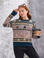 Teen Girls' Striped & Star Pattern Drop Shoulder Sweater