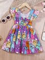 SHEIN Kids QTFun Little Girls' Cartoon Cat Printed Ruffle Sleeve Dress