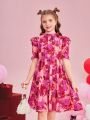 SHEIN Kids CHARMNG Tween Girl Woven Flower Pattern Short Sleeve Dress With Ruffle Hem And Peter Pan Collar