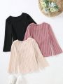 SHEIN Kids EVRYDAY 3pcs/set Toddler Girls' Solid Color Casual Round Neck Long Sleeve Striped T-shirt