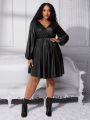 SHEIN CURVE+ Plus Size Women's Wrap Neckline Lantern Sleeve Pu Leather Dress