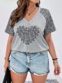 SHEIN LUNE Women's Plus Size Leopard Jacquard Pearl Stud Detail Tee Shirt With Beaded Patch