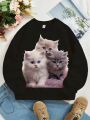 Girls' Cat Patterned Long Sleeve Crewneck Sweatshirt, Suitable For Autumn And Winter