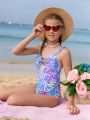Tween Girls' Love Heart Printed One Piece Swimsuit With Hollow Out Detail And Bow Decor