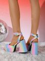 Sugerpunk Women's Rainbow Glitter Square Toe Ankle Strap Chunky High Heel Platform Shoes