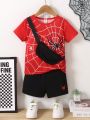 SHEIN Kids EVRYDAY Little Boys' Spider Print Short Sleeve T-Shirt And Shorts Set With Bag