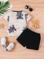 Baby Boys' Streetwear Style Short Sleeve Top With Teddy Bear & Letter Print And Solid Color Shorts Outfit