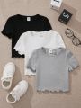 SHEIN Kids Cooltwn 3pcs/Set Young Girls' Casual Knit Solid Color Short Sleeve Round Neck Top For Spring And Summer