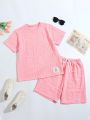Women's 3d Embossed T-Shirt And Shorts Suit, Family Outfit (Sold Separately In 5 Sets)