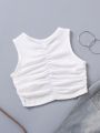 SHEIN Kids EVRYDAY 1pc Young Girls' Casual White Round Neck Sleeveless Thin Vest, Summer