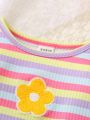 Baby Girl Casual Colorful Striped Towel Embroidered Daisy Long Sleeve Top