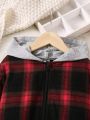 SHEIN Kids EVRYDAY Girls' Casual Red & Black Plaid Hooded Cropped Zipper Jacket For Spring And Autumn