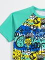 Teenager Boys' Graffiti Print Short Sleeve T-Shirt And Square Legswimsuit Set, Summer