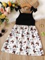 SHEIN Kids SUNSHNE Toddler Girls Butterfly & Plant Print Bow Shoulder Cami Dress