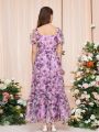 SHEIN Teen Girls Allover Floral Print Puff Sleeve Ruffle Hem Organza Dress