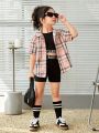 SHEIN Kids HYPEME Girls' Street Style Knit Sleeveless Top & Shorts Set With Oversized Shirt