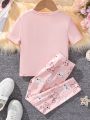 SHEIN Toddler Girls' Knitted Short Sleeve Round Neck Casual Home Wear