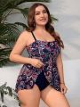 SHEIN Swim Classy Plus Size Full Printed Asymmetrical Hem Cami Tankini Set With Shoulder Straps For Swimming