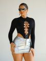 SHEIN ICON Women'S Stand Collar Rhinestone Decor Chain Belted Long Sleeve Bodysuit