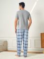 Men'S Letter Printed Top & Plaid Pants Home Wear Set