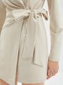 SHEIN BIZwear Ladies' Solid Color Lapel Wrap Tie Waist Jumpsuit