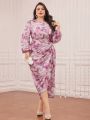 SHEIN Modely Plus Size Women'S Full Printed Twist Knot Detail Lantern Sleeve Dress