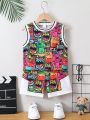 SHEIN Kids Cooltwn Boy's Cartoon Print Vest Top And Shorts Two-Piece Set