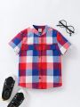 SHEIN Kids EVRYDAY Boys' Casual Plaid Short Sleeve Shirt With Decorative Pocket And Mandarin Collar For Summer