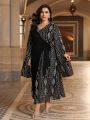 SHEIN Najma Plus Size Embroidery Patchwork Wrap Dress With Belt