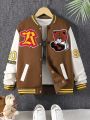 SHEIN Boys' Casual Digital Printed Long Sleeve Jacket With Embroidered Towel Patch, Teddy Bear & Letter Decor, Autumn/Winter