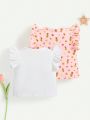SHEIN Newborn Baby Girls' Ruffle Flutter Sleeve Round Neck Top 2pcs/Set