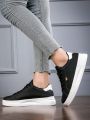 1pair Ladies' Lace-up Casual Sneakers, Black & White Color Block