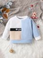 Baby Girls' Color Block Foam Fabric Round Neck Long Sleeve Heart & Woven Tape Detail Pullover Sweatshirt, Comfortable, Soft, Stylish, Suitable For Spring, Autumn And Winter