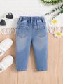 SHEIN Baby Girls' Comfortable And Soft Elastic Waist Water-Washed Ripped Jeans