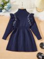 SHEIN Kids EVRYDAY Young Girl Pearl Decorated Mock Neck Sweater Dress With Ruffle Trim