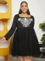 SHEIN CURVE+ Plus Size Women'S Skeleton Printed Long Sleeve Dress