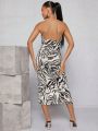 LUST Zebra Striped 3D Rosette Split Thigh Cami Dress