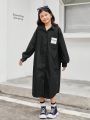 SHEIN Big Girls' Loose Casual Shirt Collar Long Shirt Dress With Embroidered Label And Letter Print