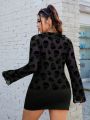 SHEIN Coolane Women's Plus Size Skull Patchwork Plush Fabric Ruffled Hem Lace-Up Top - Black