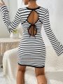 SHEIN Essnce Ladies' Striped Back Tie Hollow Out Dress