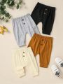 SHEIN 4pcs/Set Solid Color Button Closure Casual Pants For Baby Boy, Cute & Trendy, Suitable For Daily Wear In Spring And Summer