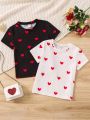 SHEIN Kids QTFun Toddler Girls' Heart Print Simple, Comfortable And Cute 2pcs T-shirt Set