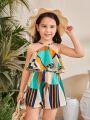 SHEIN Kids SUNSHNE Young Girl's Woven Geometric Patterned Casual Holiday Halter Romper