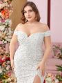 SHEIN Belle Sparkling Sequin & Rabbit Hair Fabric Patchwork Off Shoulder Plus Size Evening Dress With High Slit (Heavy Style)