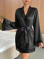 Lace Trim Belted Satin Robe
