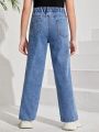 Girls' Basic Casual Everyday Mid-blue Wash Slim Fit Straight Leg Jeans