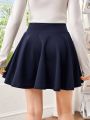 SHEIN Teen Girls' Knitted Solid Color V-Shaped High Waist Casual Midi Skirt