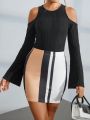 SHEIN Privé Cold Shoulder Ribbed Long Sleeve Crop Top And Striped Skirt Set